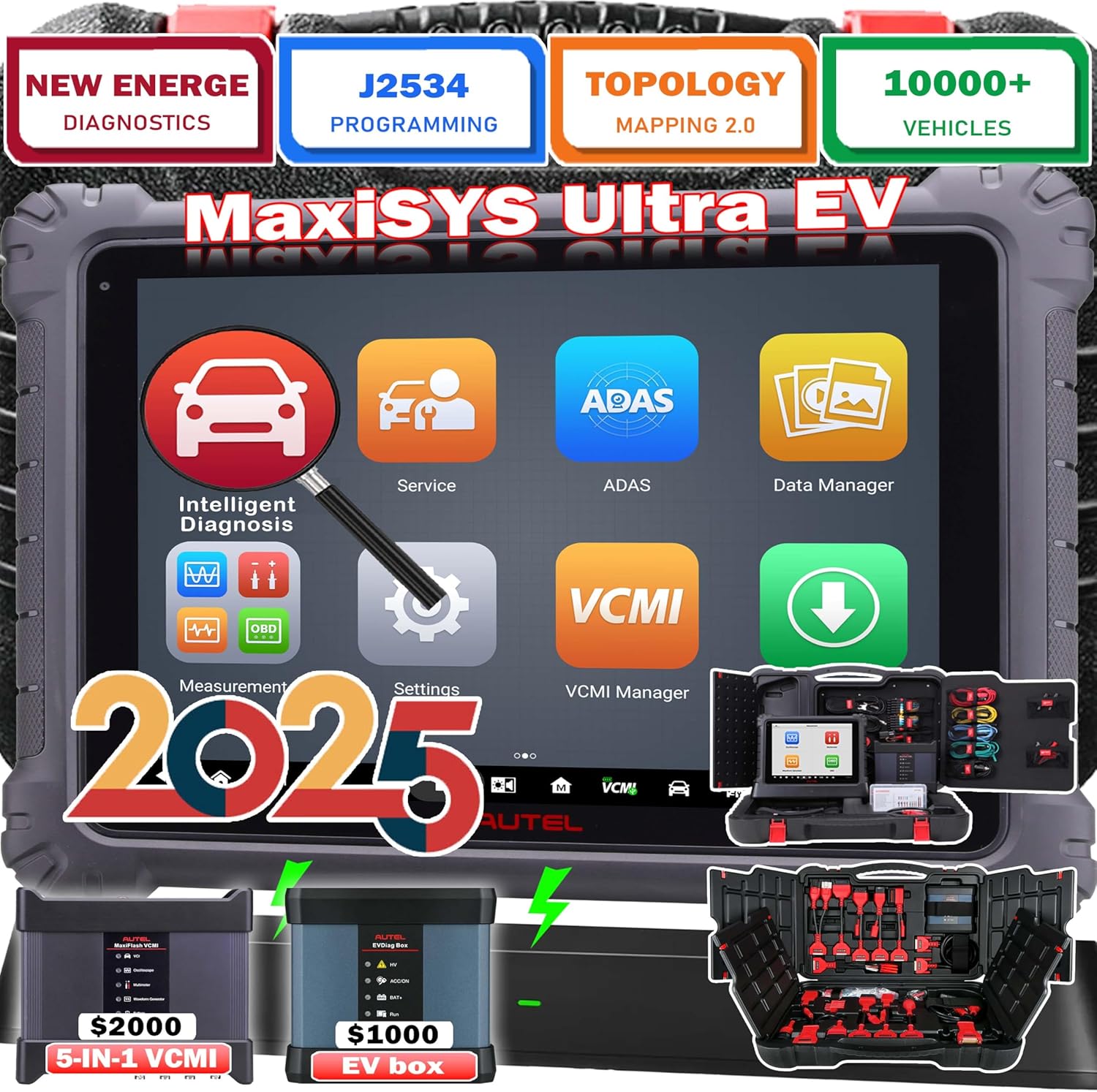 Autel MaxiSYS Ultra EV 2025 OBD2 Scanner High Voltage Battery Pack Analysis Diagnostic Scanner EVDiag Kit MaxiFlash VCMI Bi Directional Control ECU Coding Programming Advanced MS919 MS909