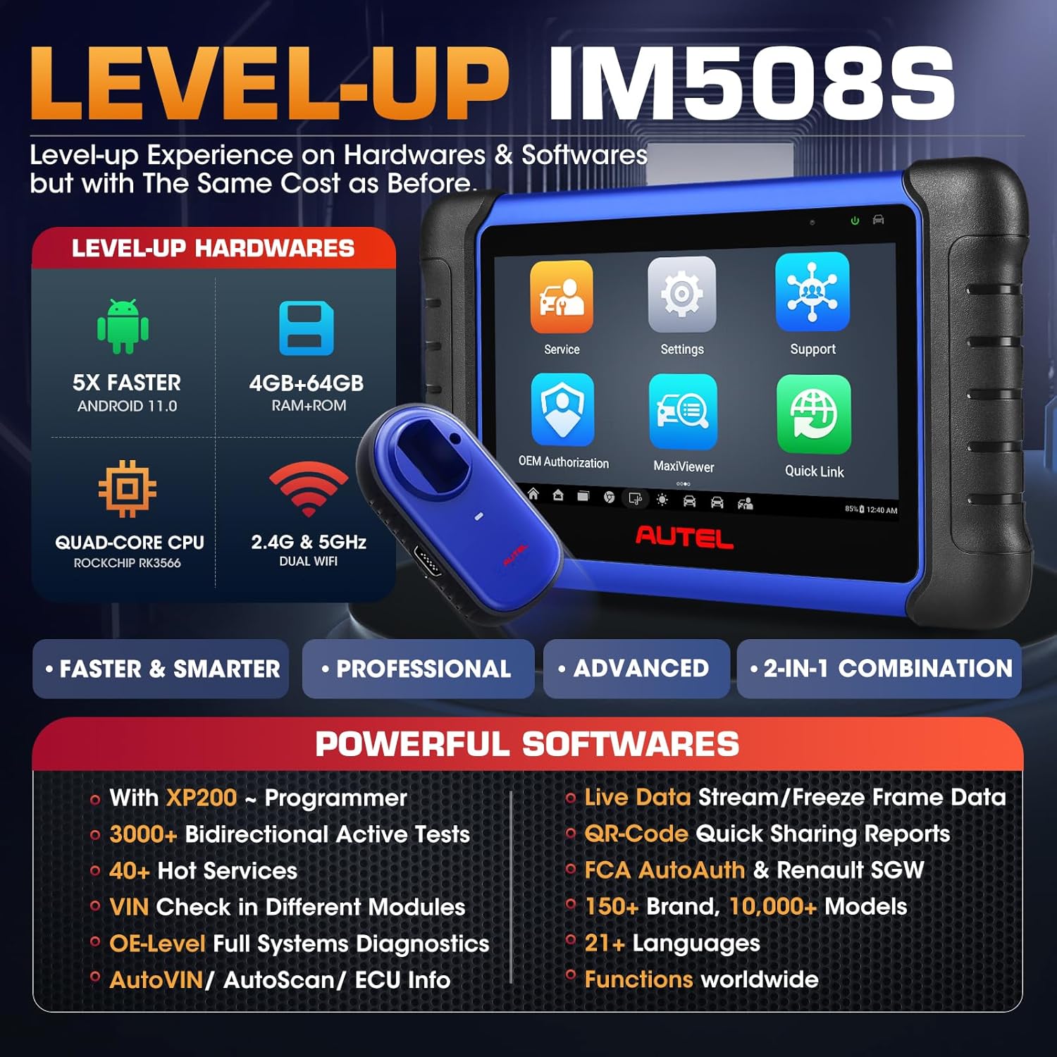 Autel MaxiIM IM508S: 2025 Automotive Diagnostic Tool with XP200, Smart & Expert Mode, 3000+ Active Tests, 40+ Resets, Full System Diagnose & Bidirectional, Android 11, 4G+64G, Upgrade of IM508